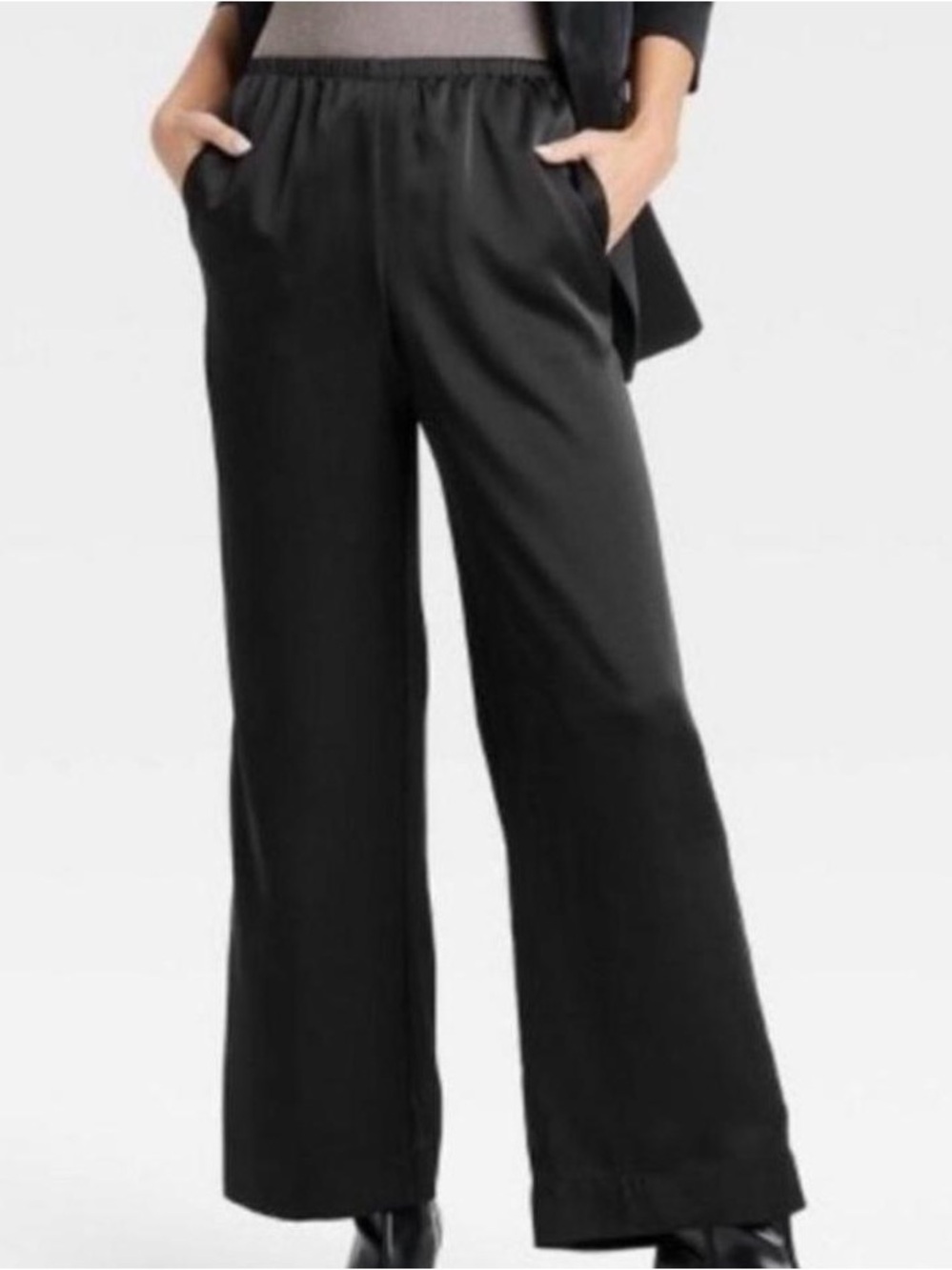 A New Day Women's Long Mid-Rise Satin Pull-On Pants - Black